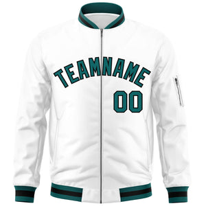 Custom White Aqua-Black Varsity Full-Zip Letterman Bomber Jacket