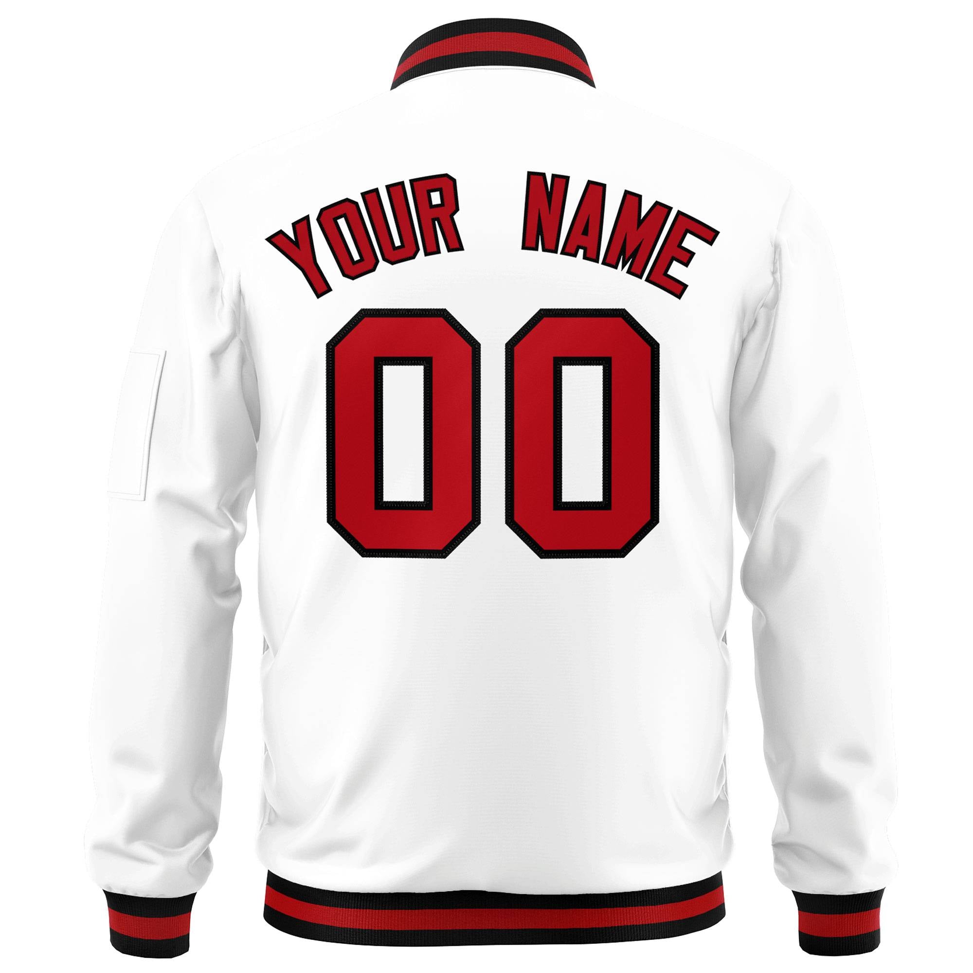 Custom White Red-Black Varsity Full-Zip Letterman Bomber Jacket