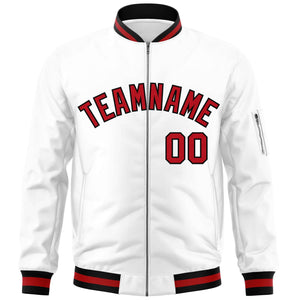 Custom White Red-Black Varsity Full-Zip Letterman Bomber Jacket