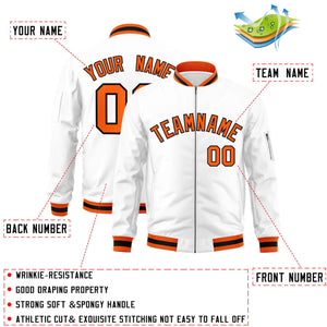 Custom White Orange-Black Varsity Full-Zip Letterman Bomber Jacket