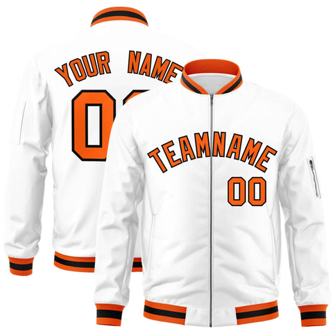 Custom White Orange-Black Varsity Full-Zip Letterman Bomber Jacket