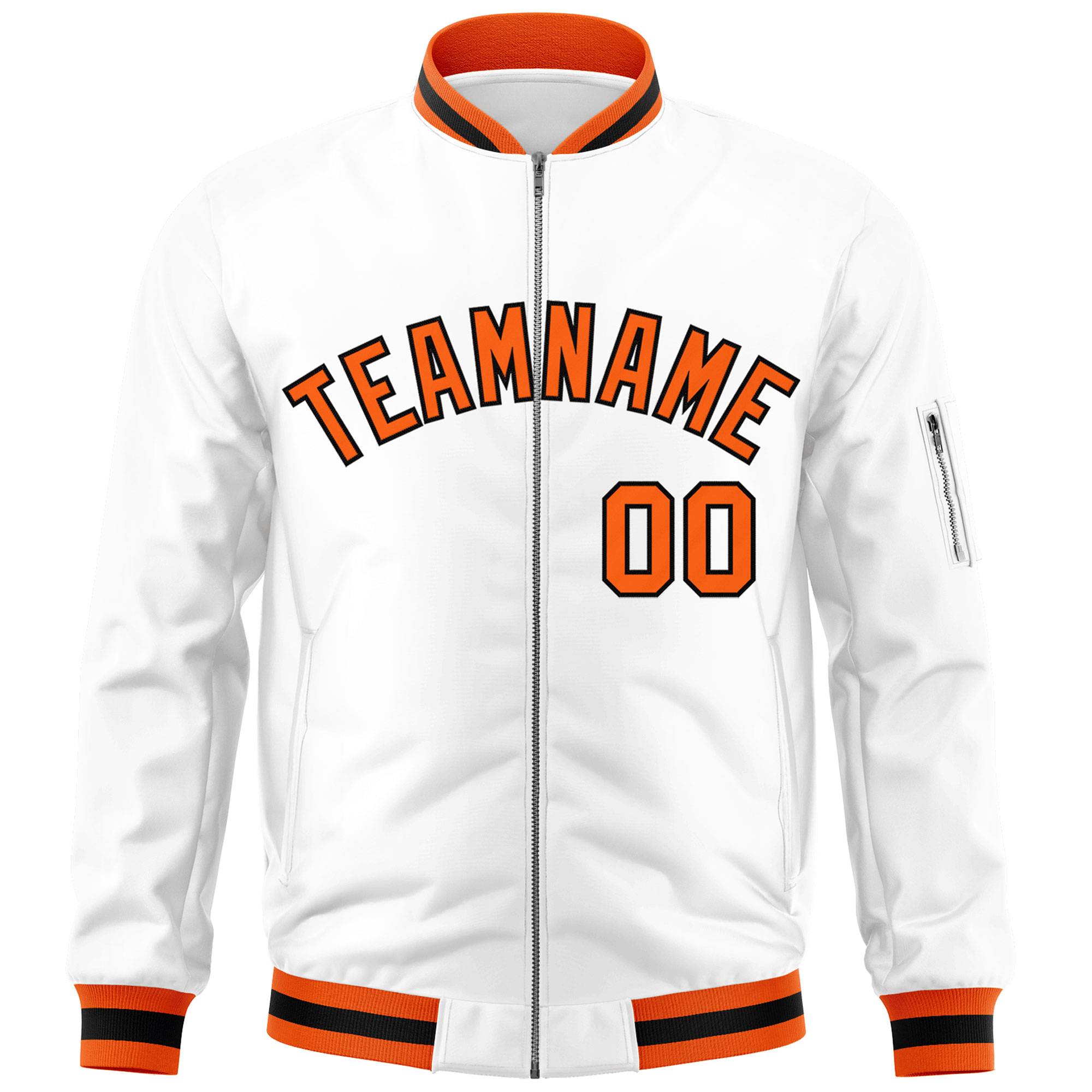 Custom White Orange-Black Varsity Full-Zip Letterman Bomber Jacket