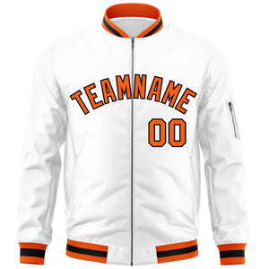 Custom White Orange-Black Varsity Full-Zip Letterman Bomber Jacket