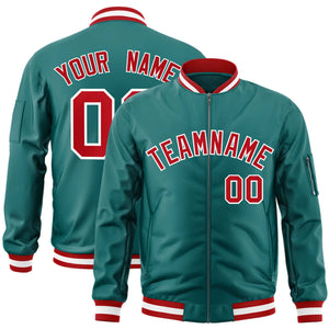 Custom Aqua Red-White Varsity Full-Zip Letterman Bomber Jacket