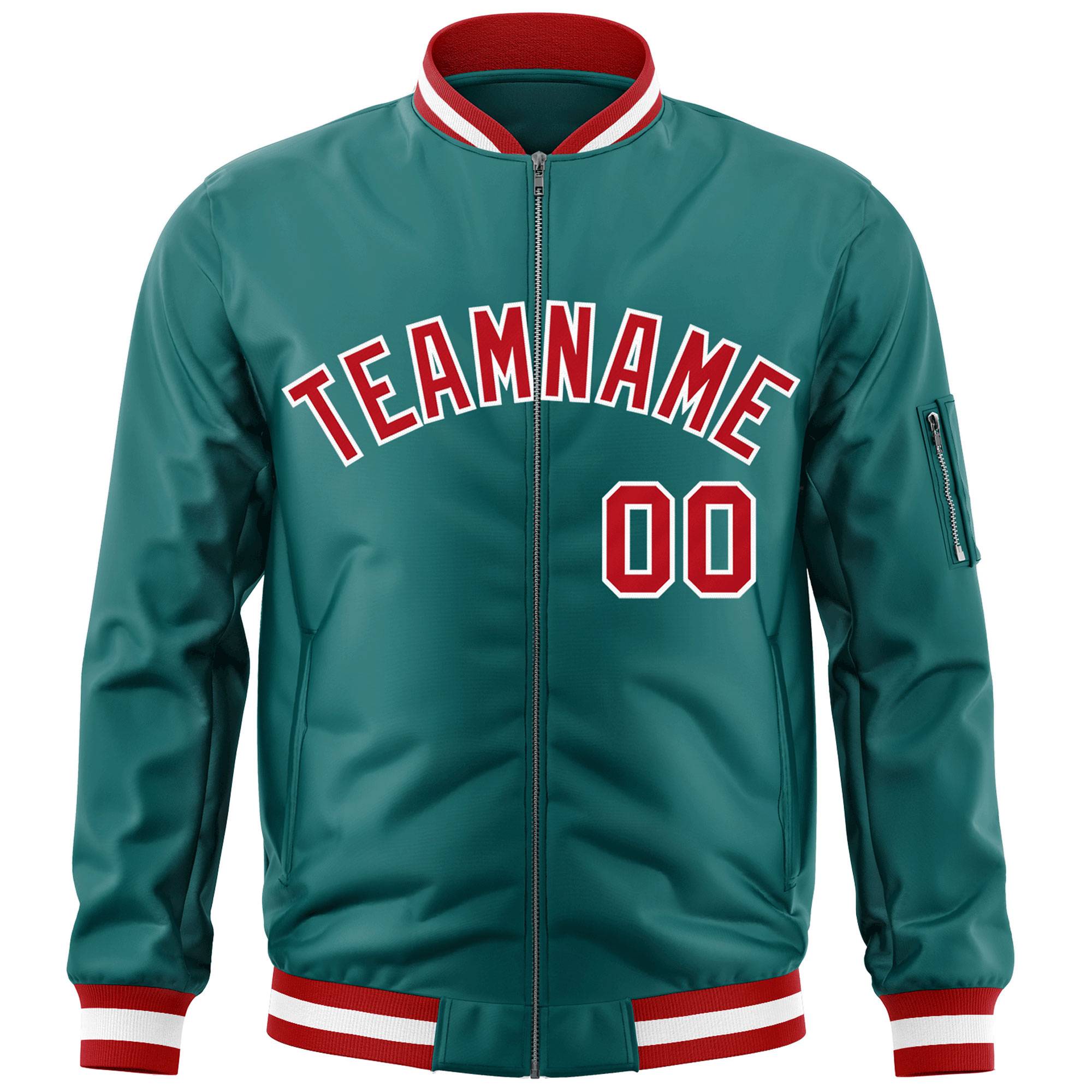 Custom Aqua Red-White Varsity Full-Zip Letterman Bomber Jacket