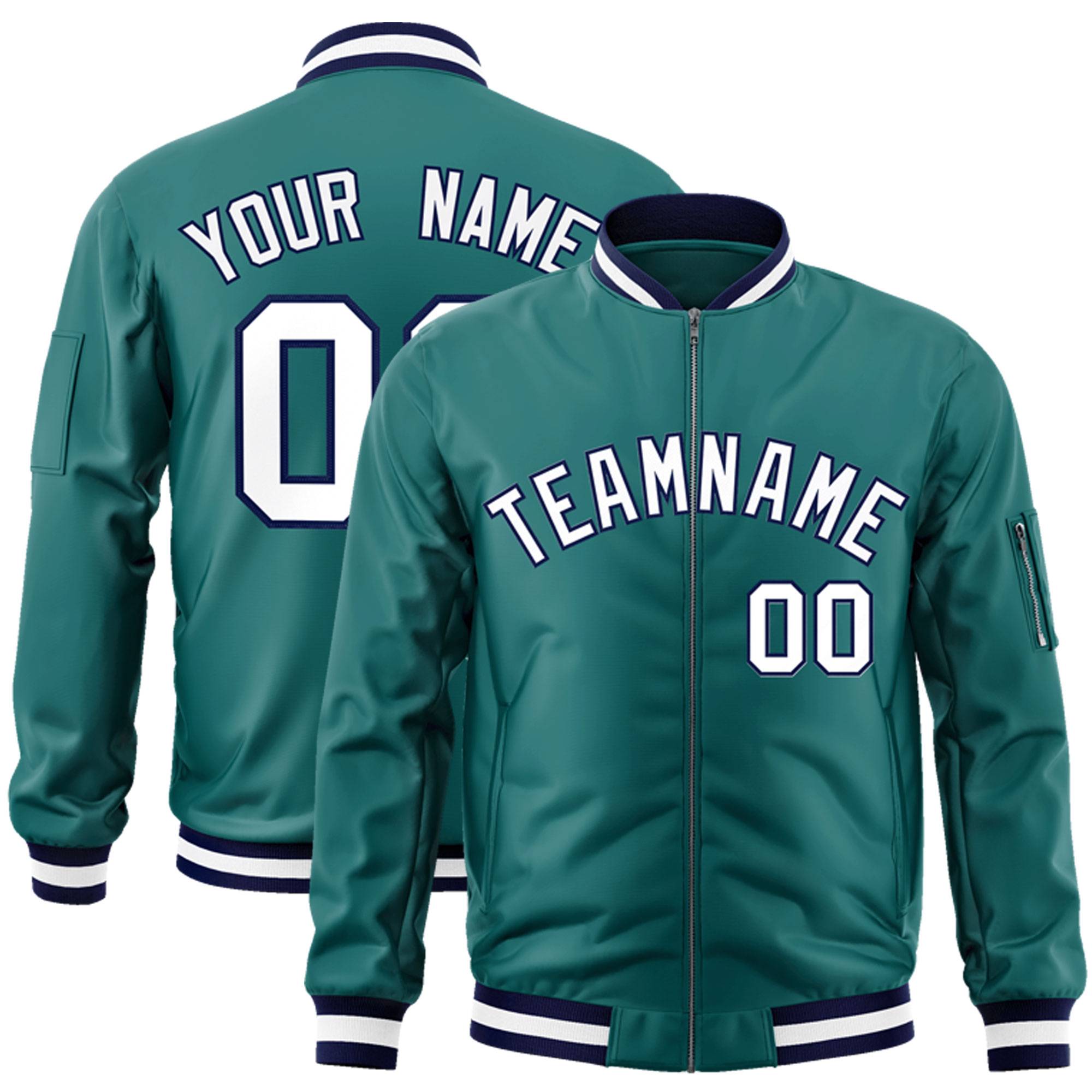 Custom Aqua White-Navy Varsity Full-Zip Letterman Bomber Jacket