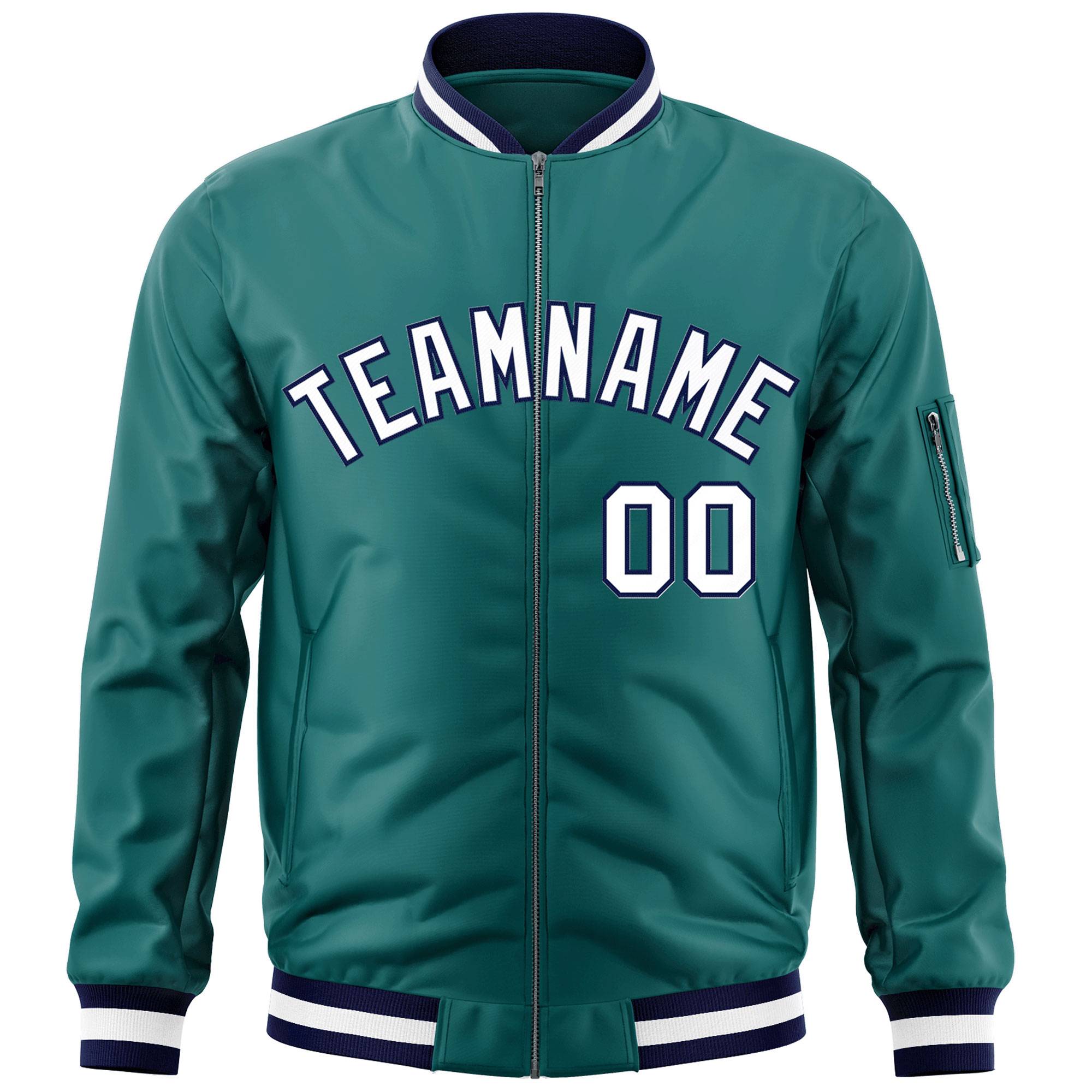 Custom Aqua White-Navy Varsity Full-Zip Letterman Bomber Jacket