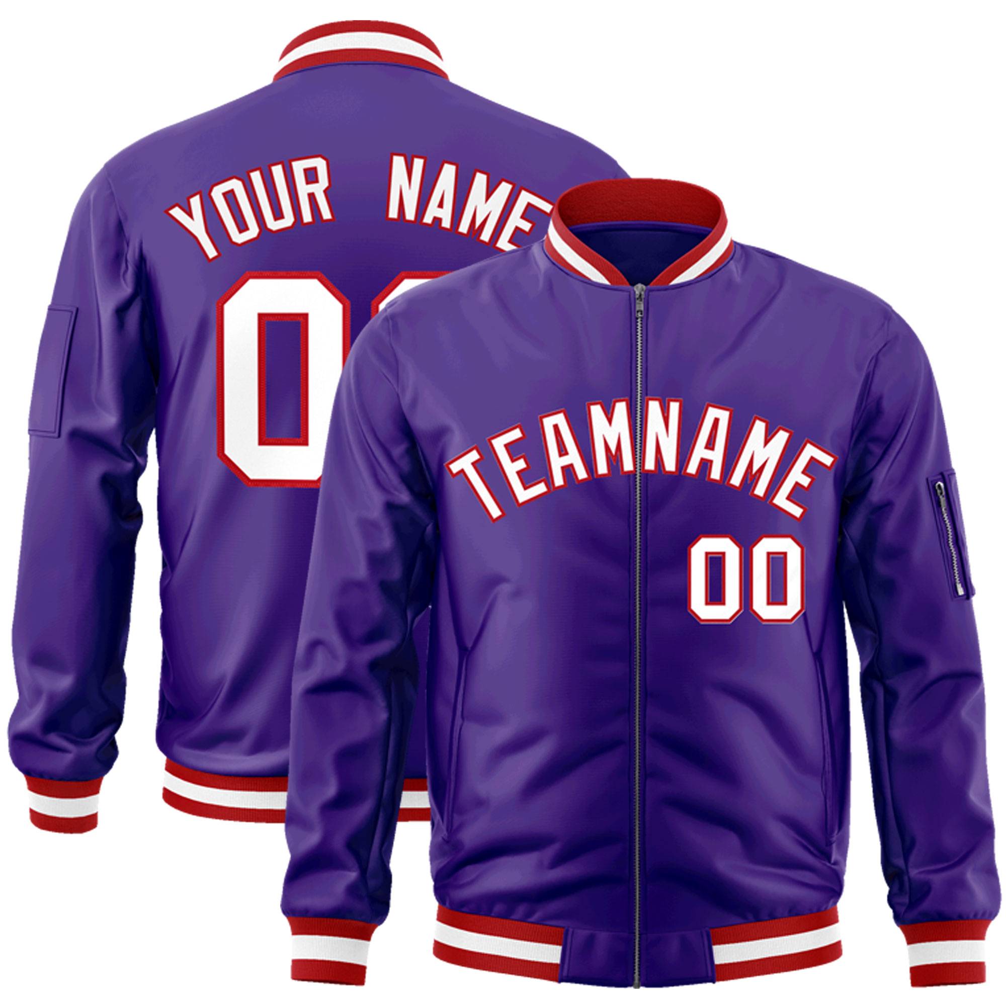 Custom Purple White-Red Varsity Full-Zip Letterman Bomber Jacket