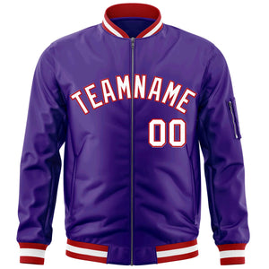 Custom Purple White-Red Varsity Full-Zip Letterman Bomber Jacket