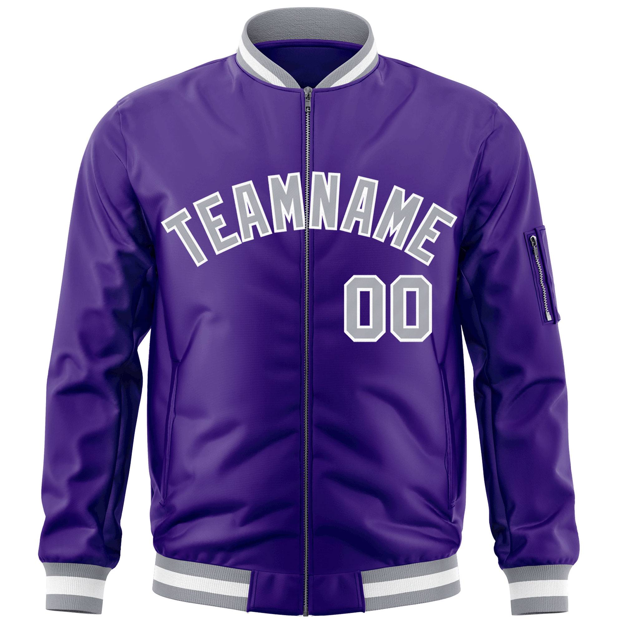 Custom Purple Gray-White Varsity Full-Zip Letterman Bomber Jacket