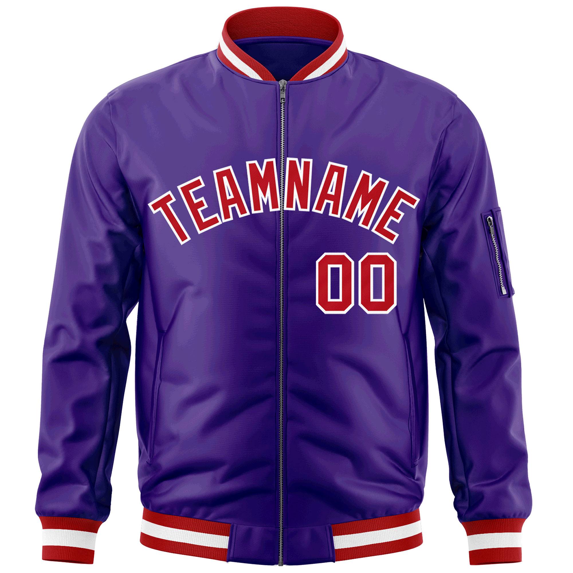 Custom Purple Red-White Varsity Full-Zip Letterman Bomber Jacket