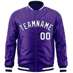 Custom Purple White-Navy Varsity Full-Zip Letterman Bomber Jacket