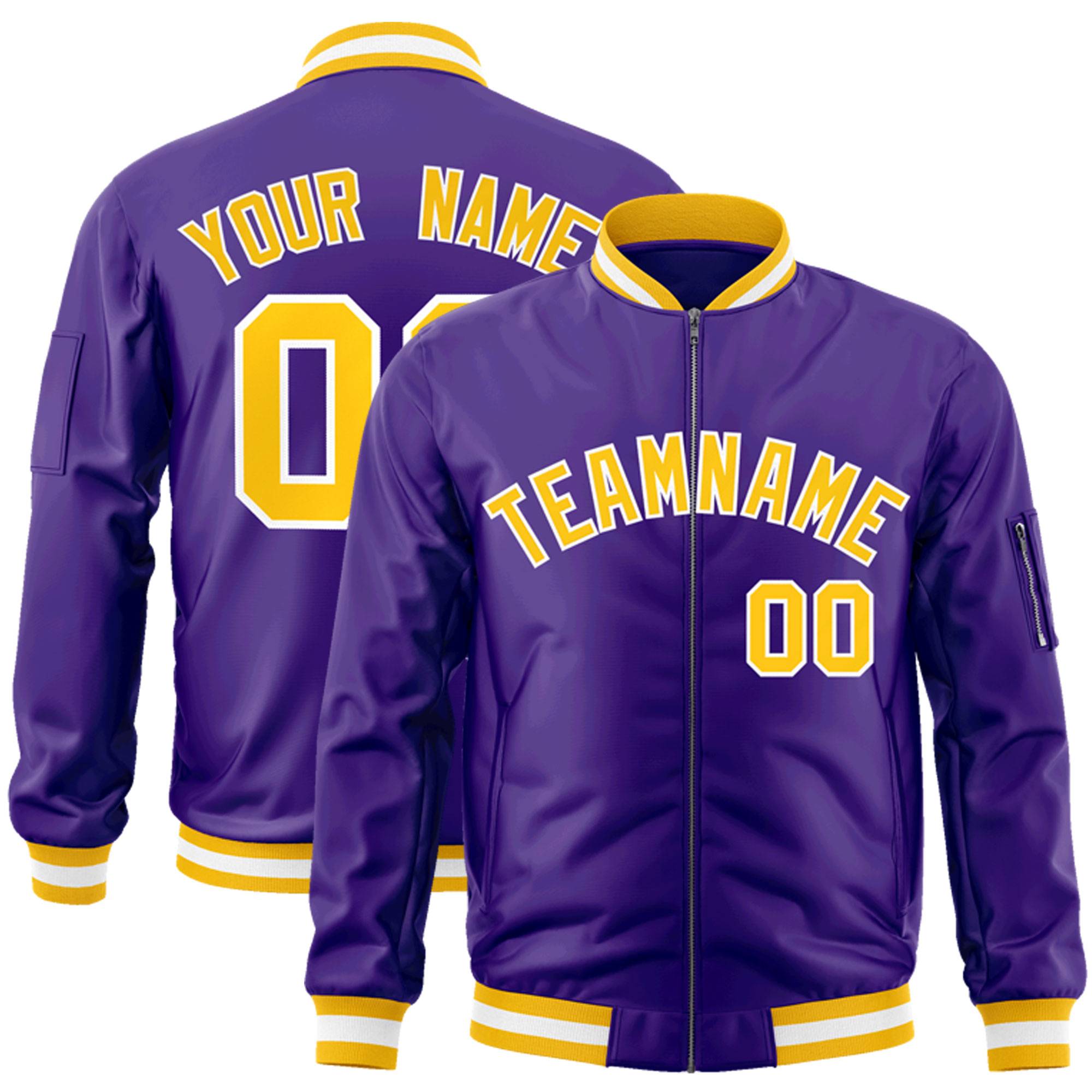 Custom Purple Gold-White Varsity Full-Zip Letterman Bomber Jacket