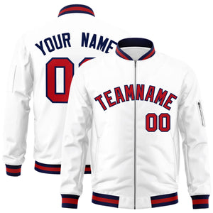 Custom White Red-Navy Varsity Full-Zip Letterman Bomber Jacket