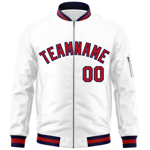 Custom White Red-Navy Varsity Full-Zip Letterman Bomber Jacket