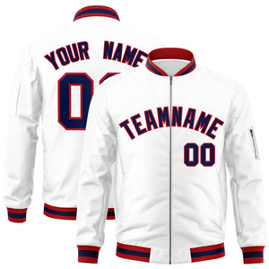 Custom White Navy-Red Varsity Full-Zip Letterman Bomber Jacket