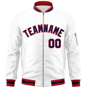 Custom White Navy-Red Varsity Full-Zip Letterman Bomber Jacket