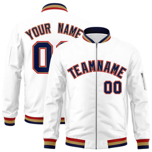 Custom White Navy-Red Varsity Full-Zip Letterman Bomber Jacket