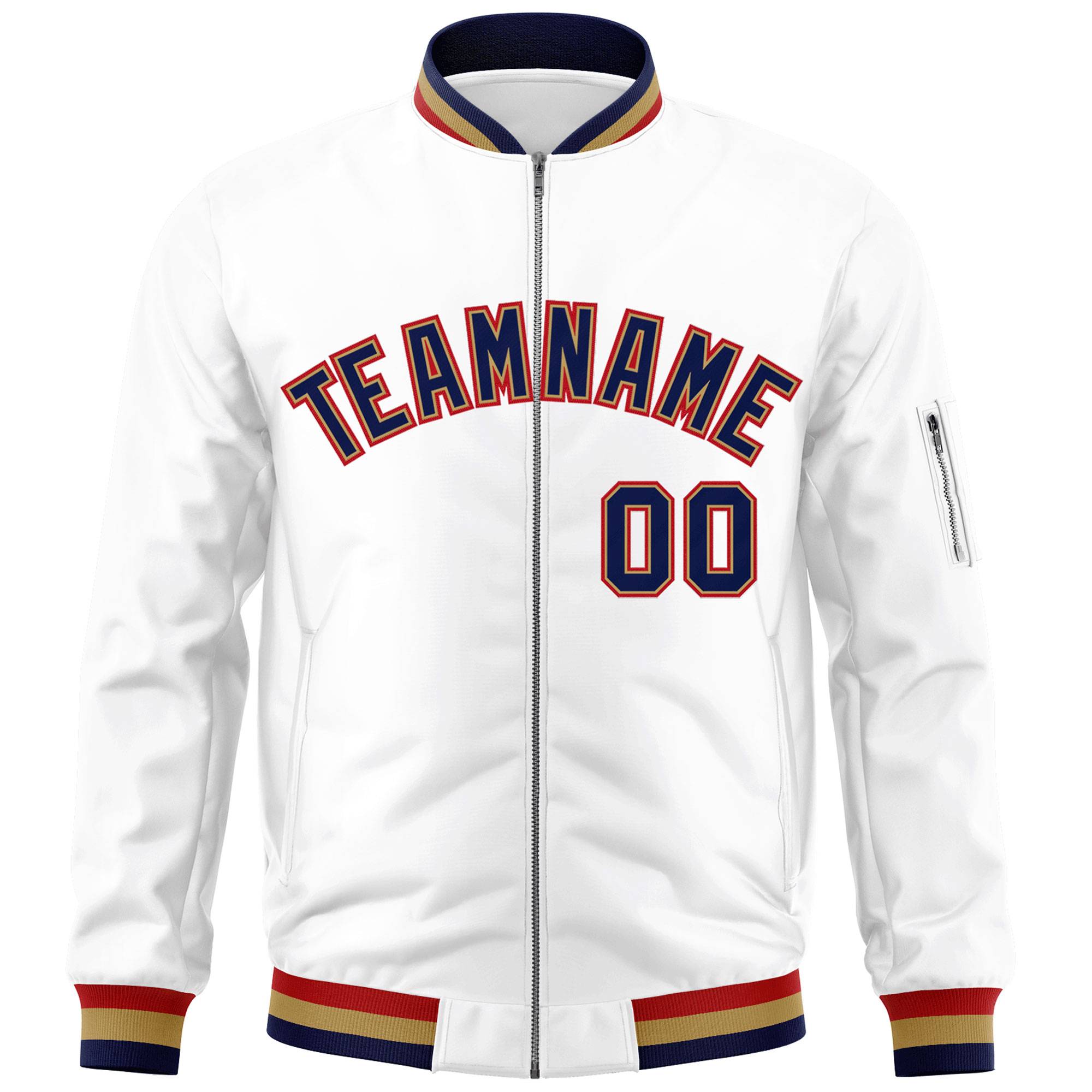 Custom White Navy-Red Varsity Full-Zip Letterman Bomber Jacket