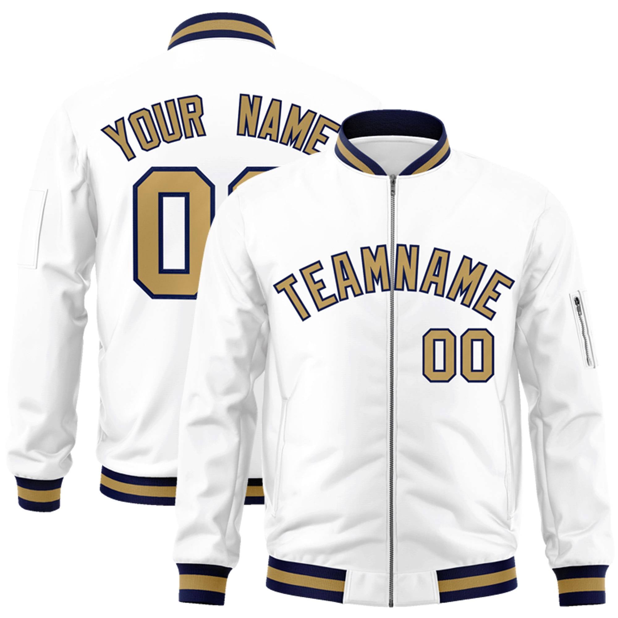 Custom White Old Gold-Navy Varsity Full-Zip Letterman Bomber Jacket