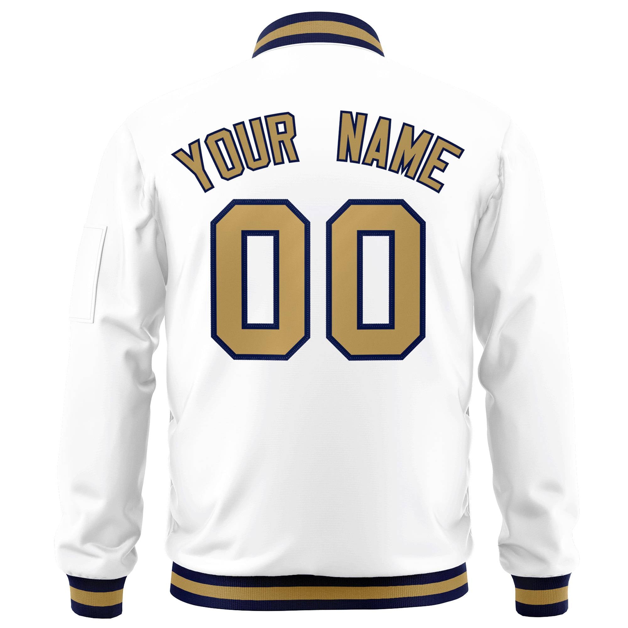 Custom White Old Gold-Navy Varsity Full-Zip Letterman Bomber Jacket