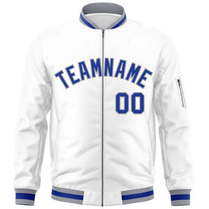 Custom White Royal-Gray Varsity Full-Zip Letterman Bomber Jacket