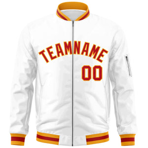 Custom White Red-Gold Varsity Full-Zip Letterman Bomber Jacket