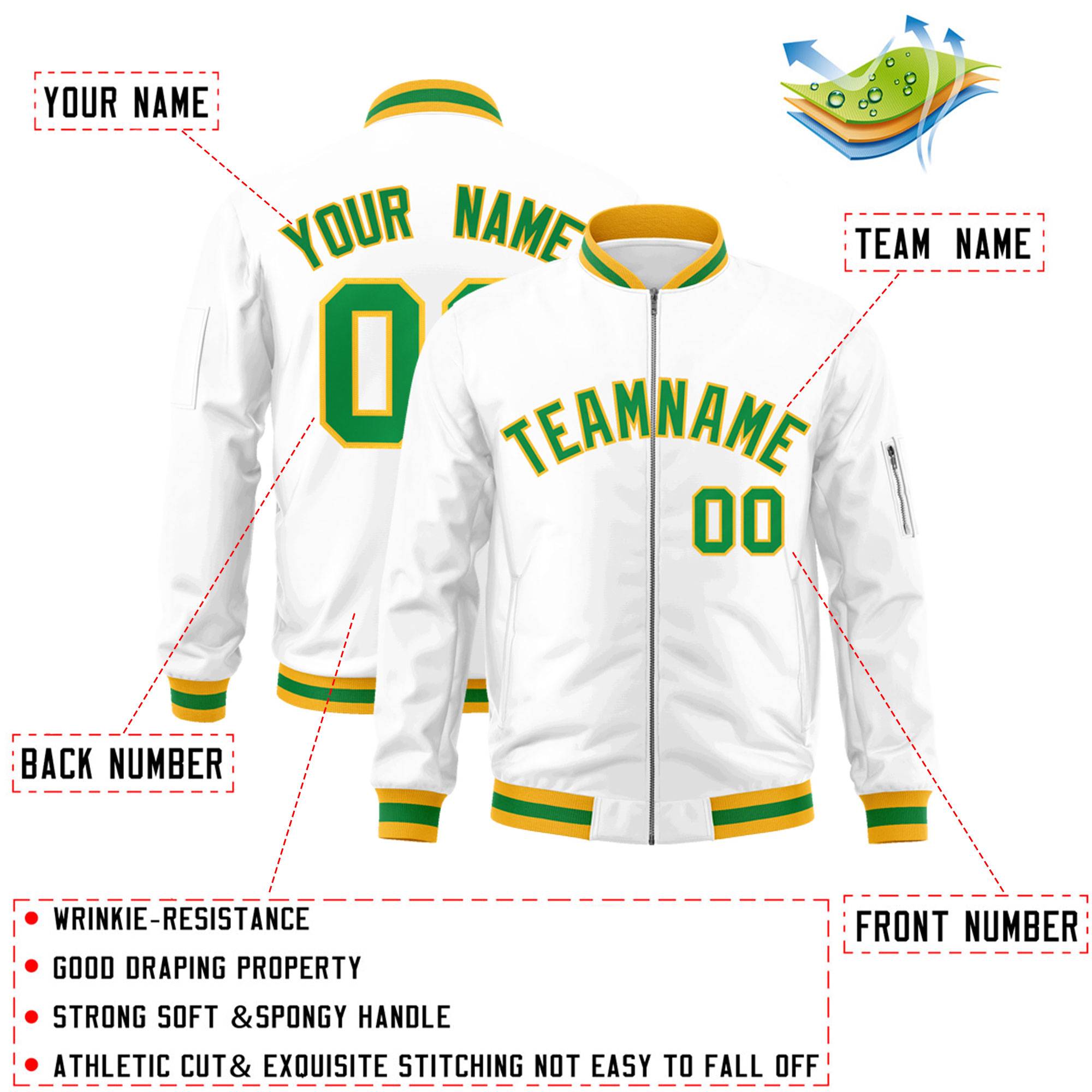 Custom White Kelly Green-Gold Varsity Full-Zip Letterman Bomber Jacket