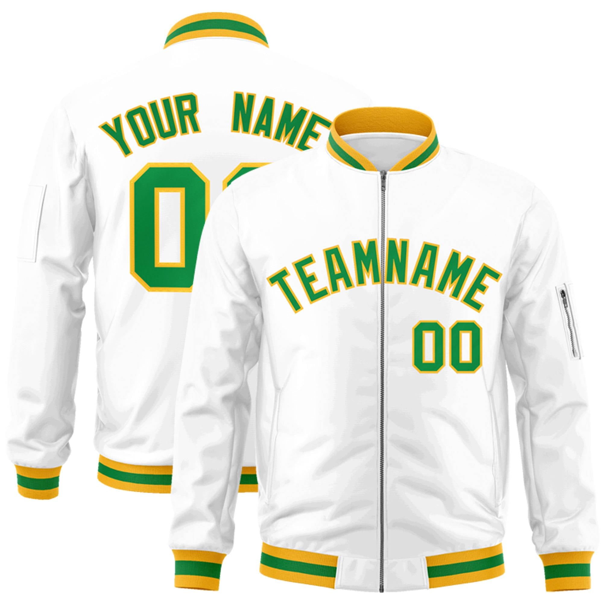 Custom White Kelly Green-Gold Varsity Full-Zip Letterman Bomber Jacket