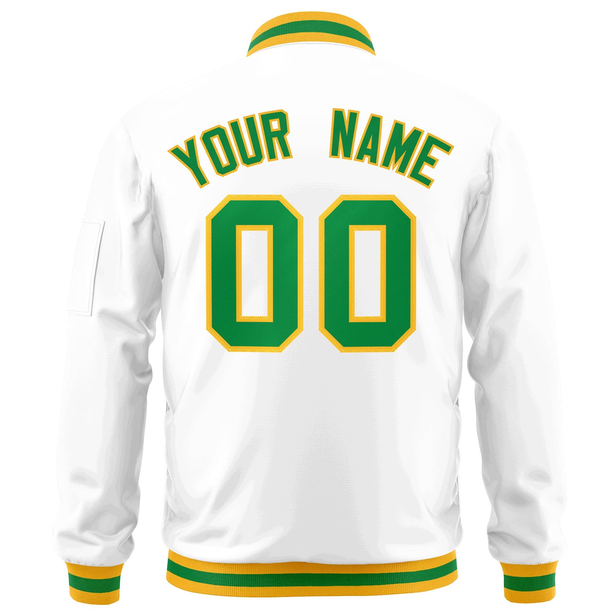 Custom White Kelly Green-Gold Varsity Full-Zip Letterman Bomber Jacket