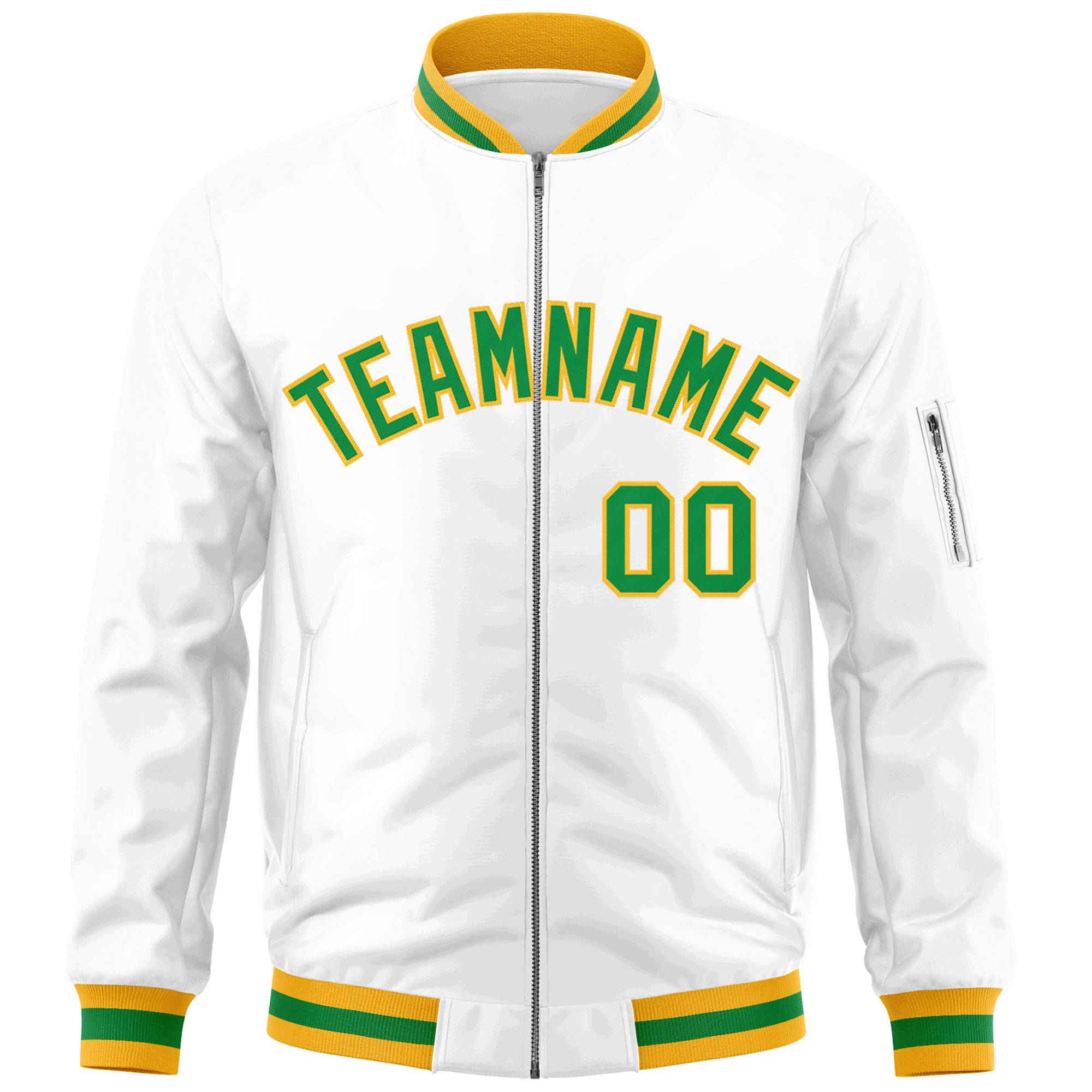 Custom White Kelly Green-Gold Varsity Full-Zip Letterman Bomber Jacket