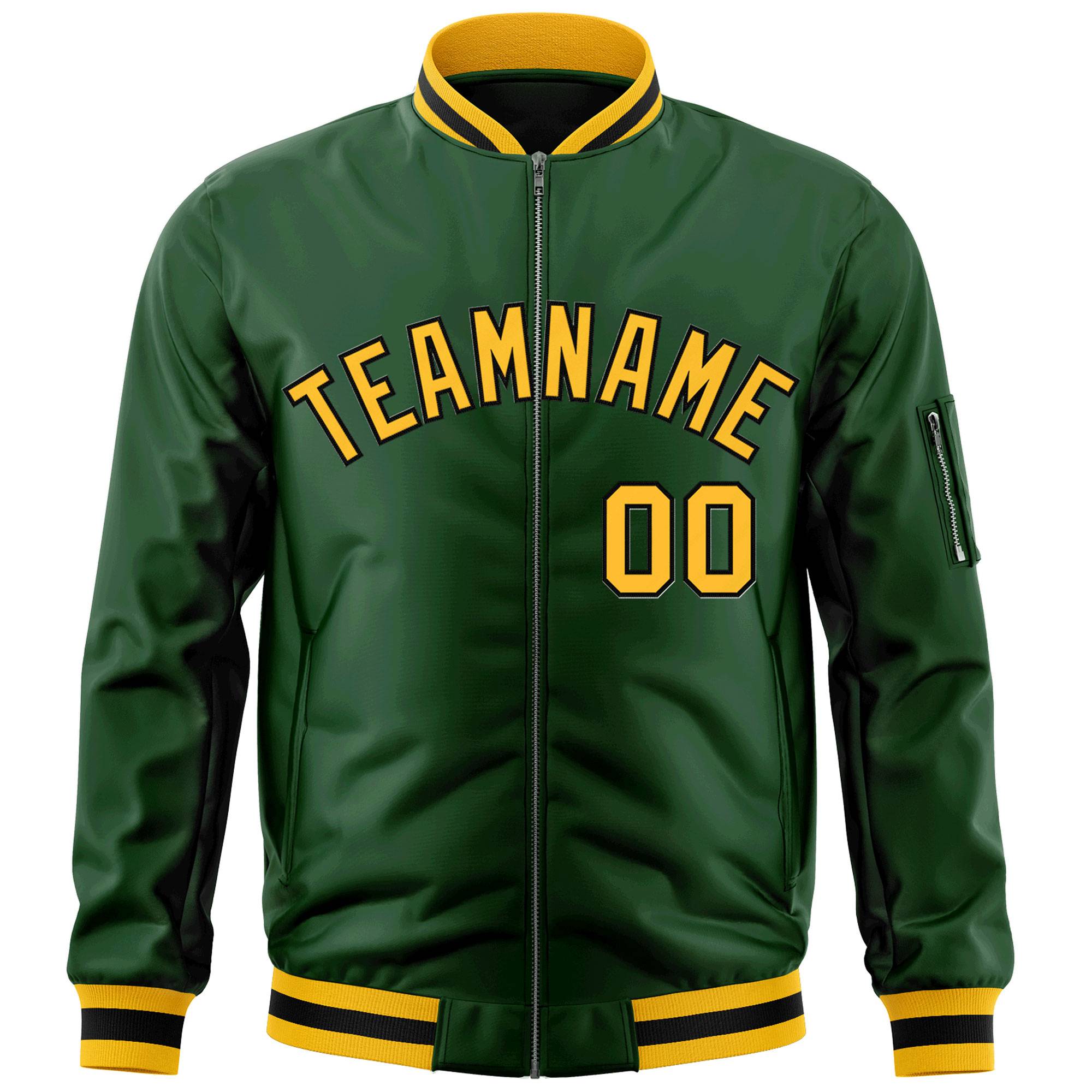 Custom Green Gold-Black Varsity Full-Zip Letterman Bomber Jacket