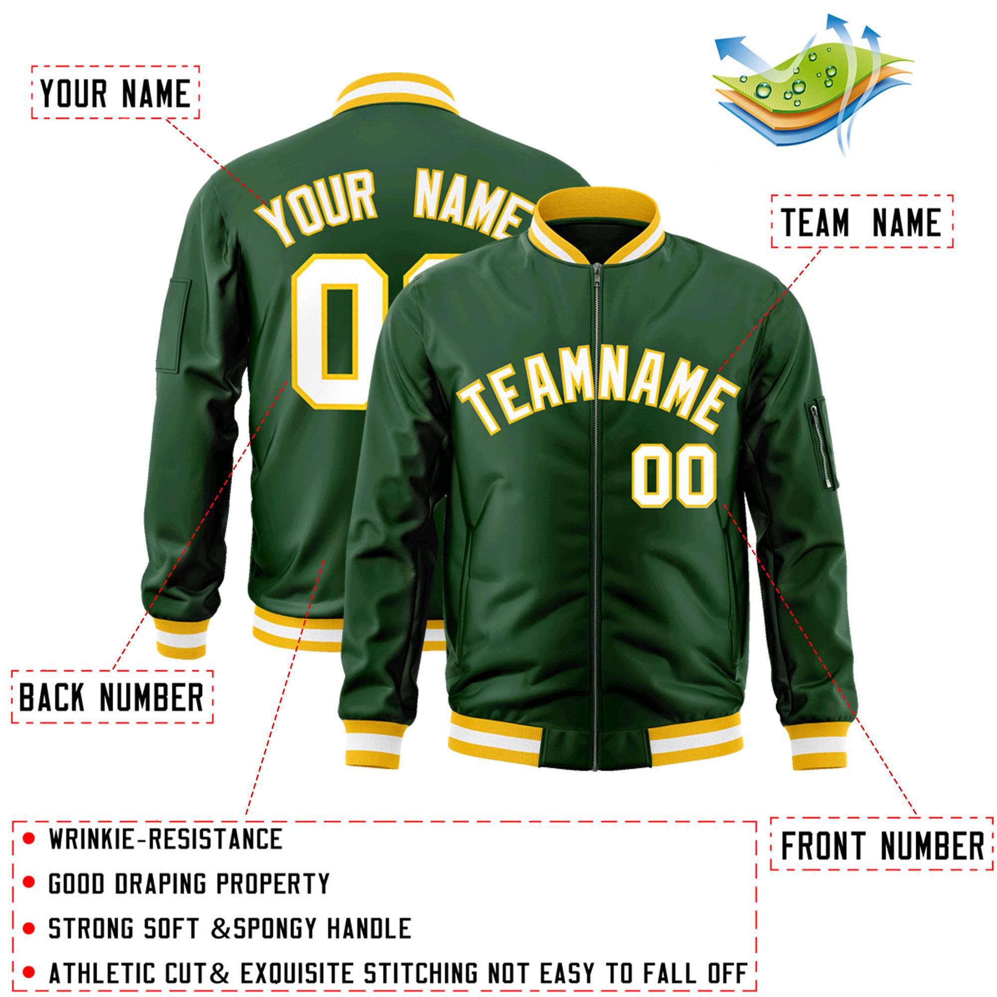 Custom Green White-Gold Varsity Full-Zip Letterman Bomber Jacket