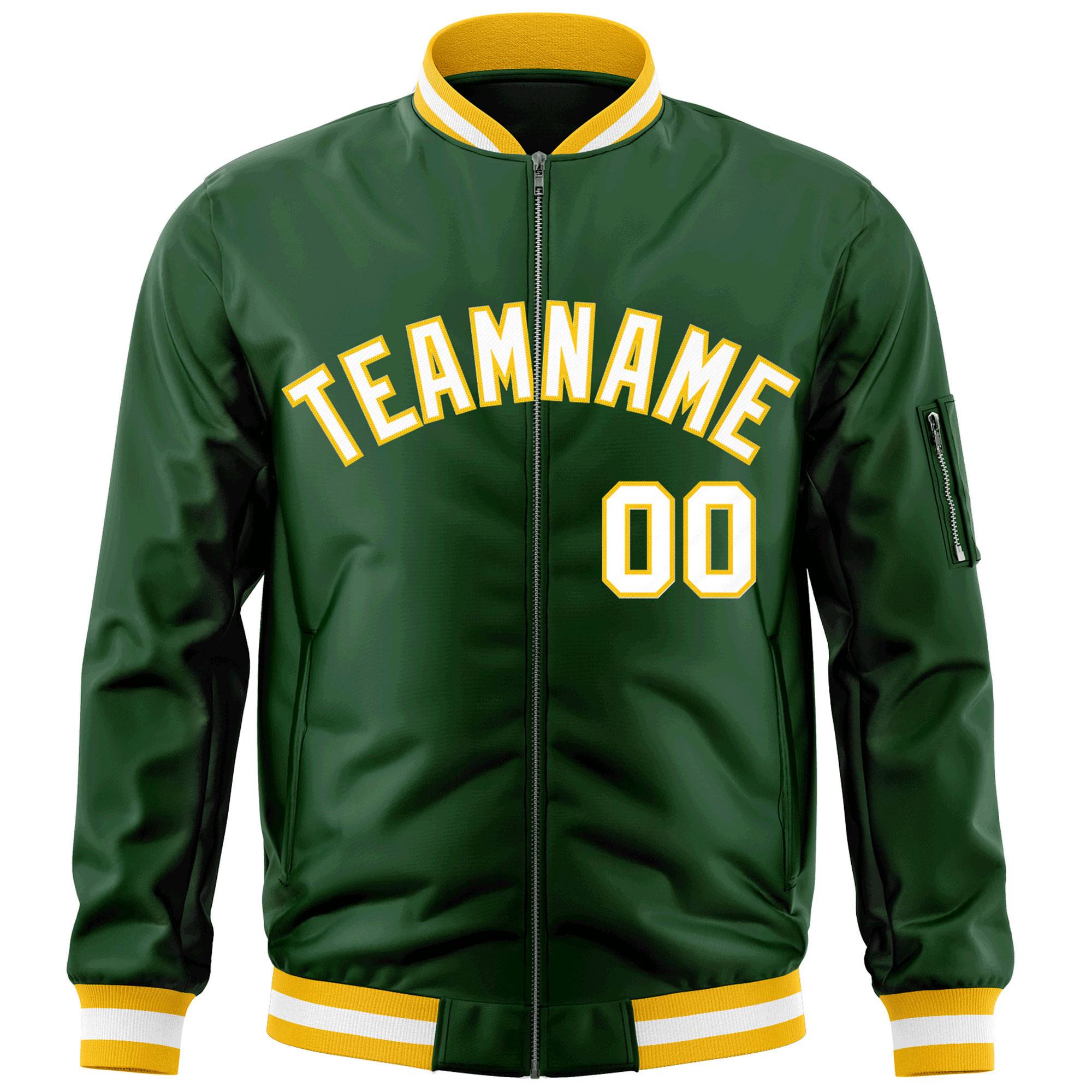 Custom Green White-Gold Varsity Full-Zip Letterman Bomber Jacket