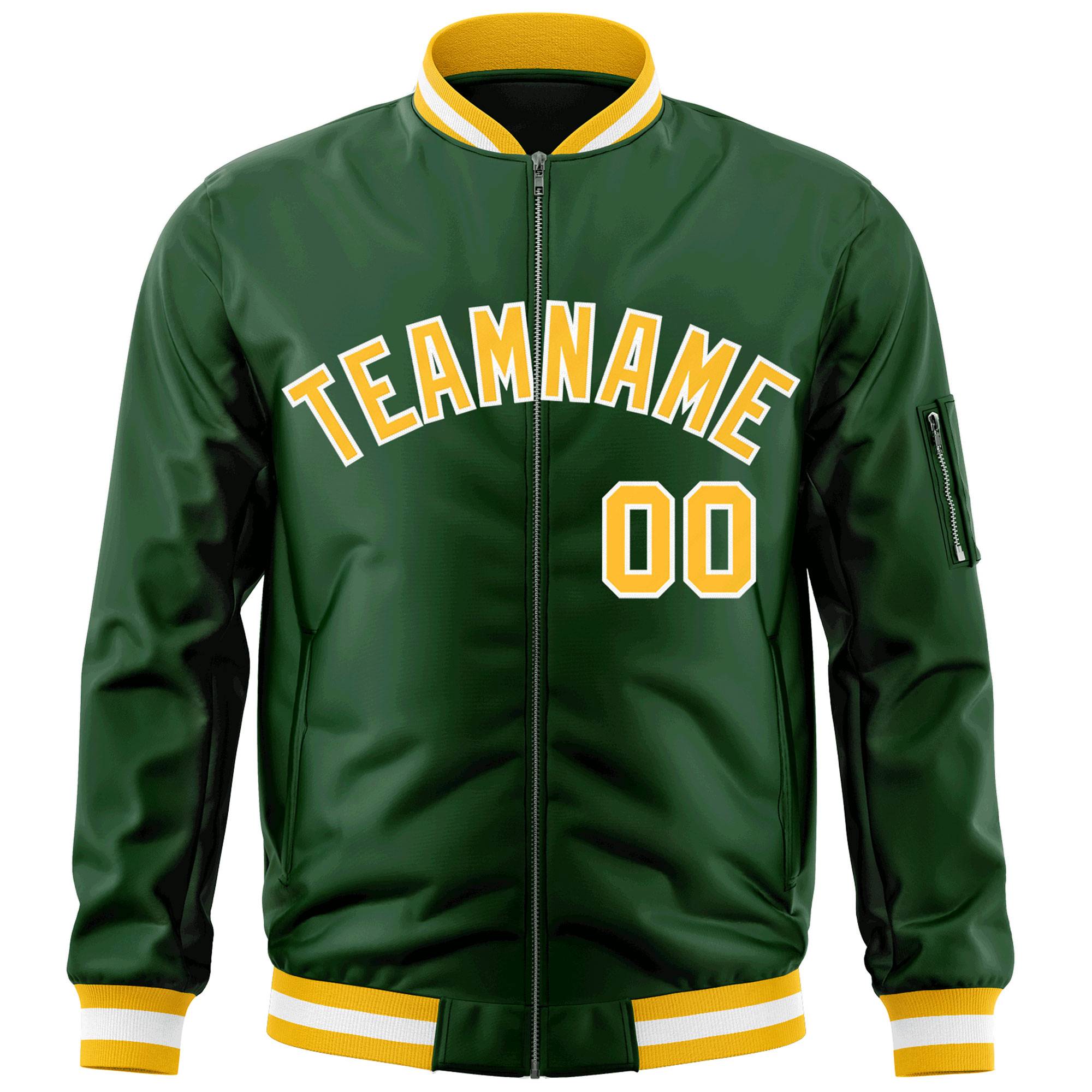 Custom Green Gold-White Varsity Full-Zip Letterman Bomber Jacket