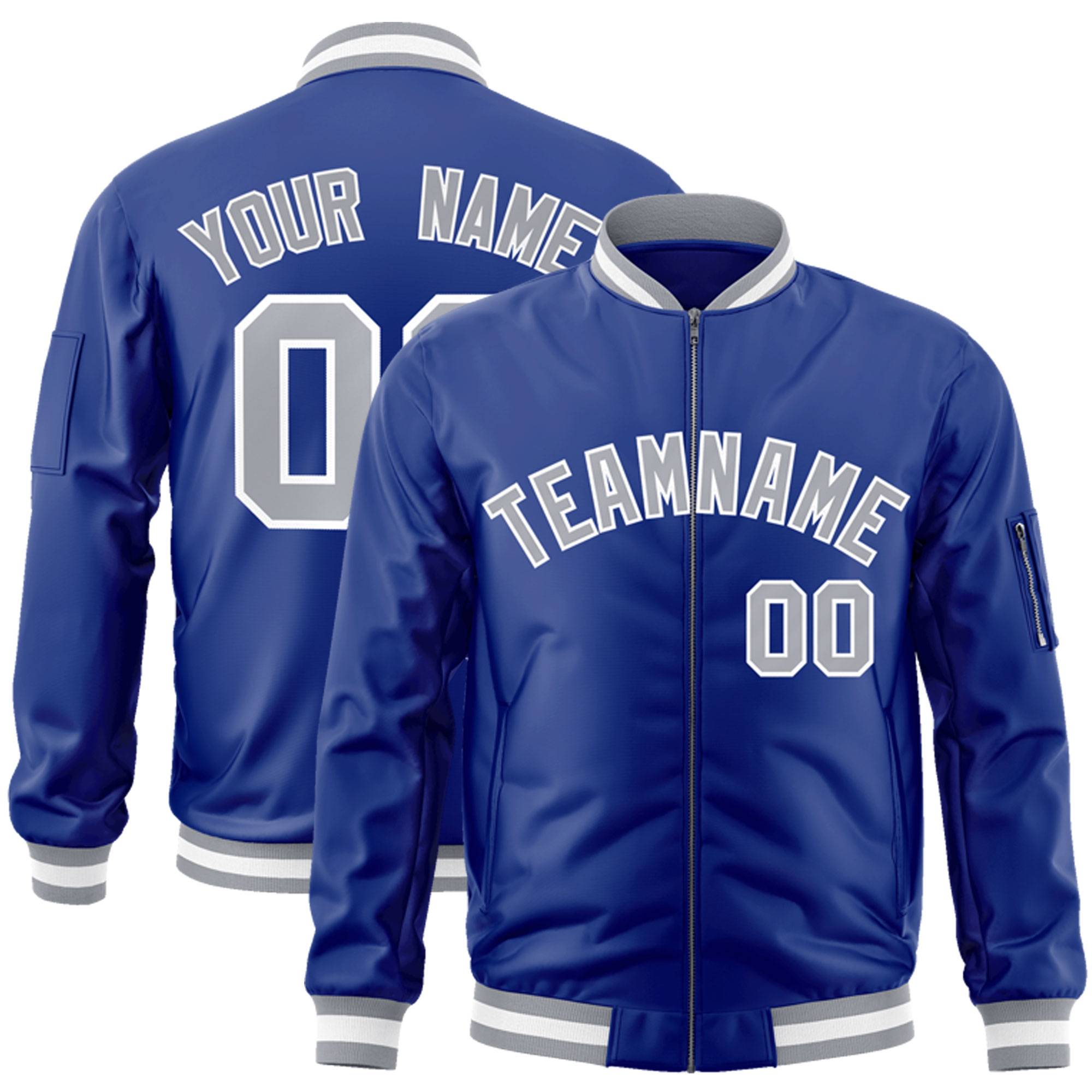 Custom Royal Gray-White Varsity Full-Zip Letterman Bomber Jacket