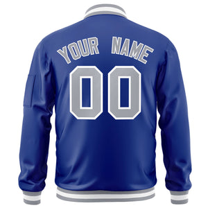 Custom Royal Gray-White Varsity Full-Zip Letterman Bomber Jacket