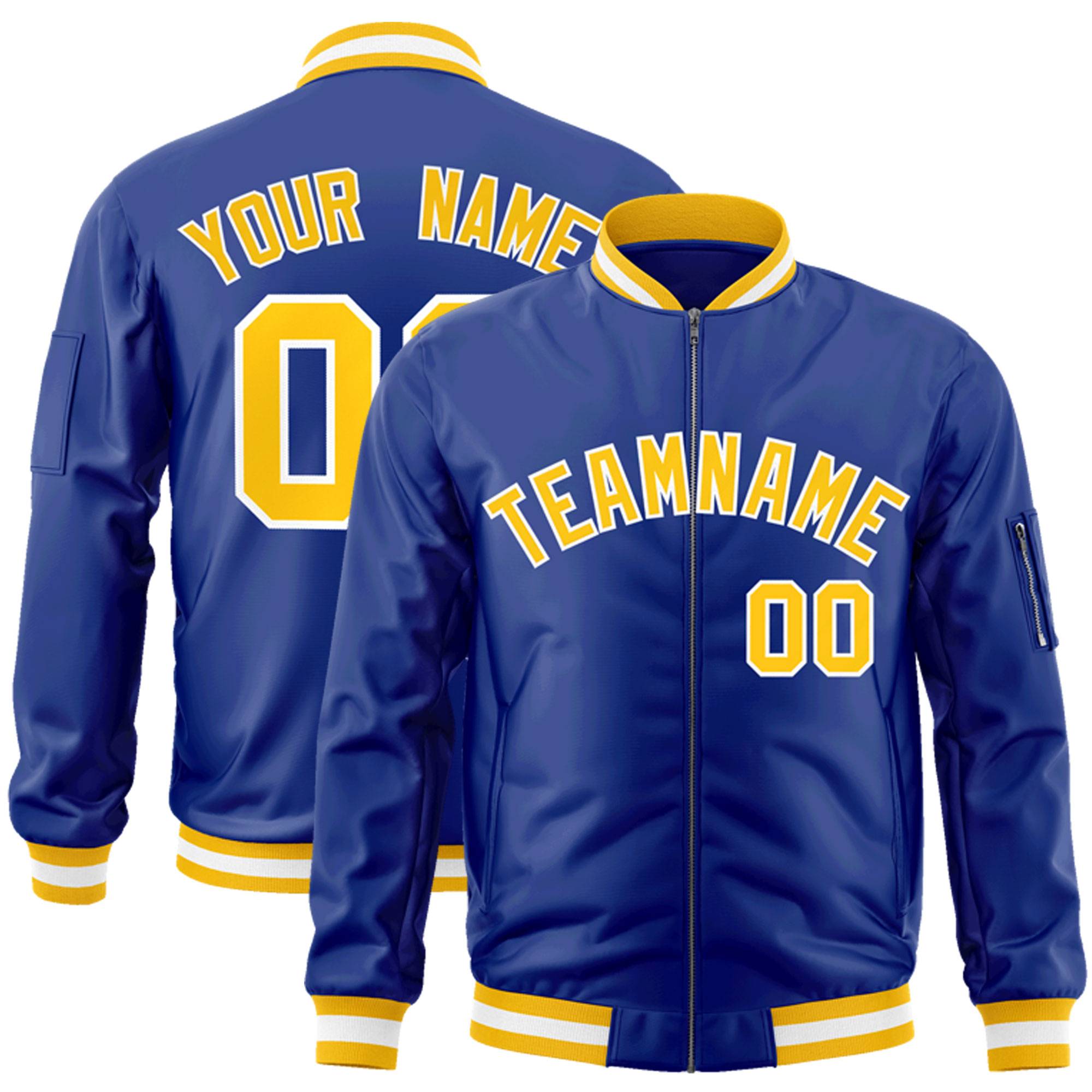 Custom Royal Gold-White Varsity Full-Zip Letterman Bomber Jacket