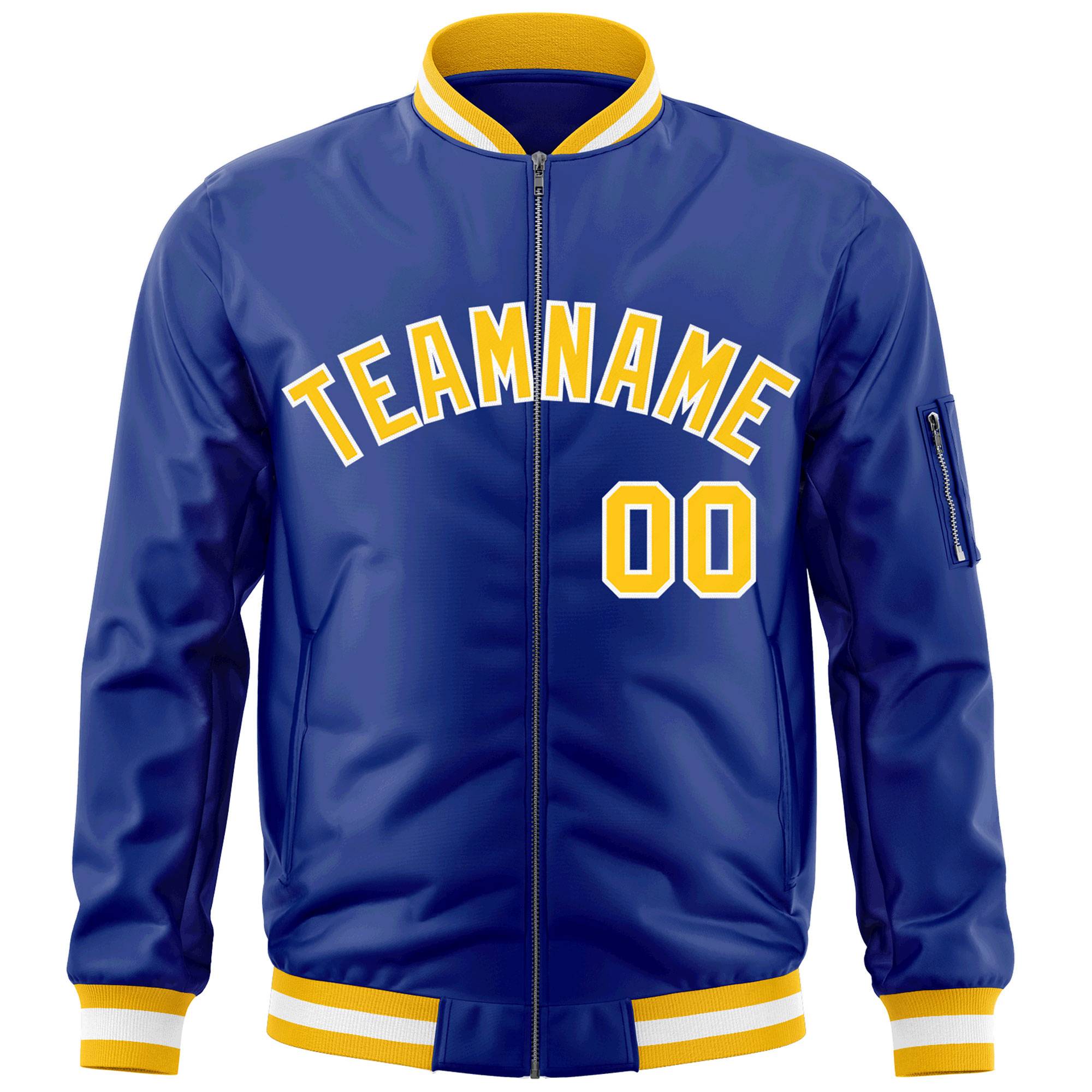 Custom Royal Gold-White Varsity Full-Zip Letterman Bomber Jacket