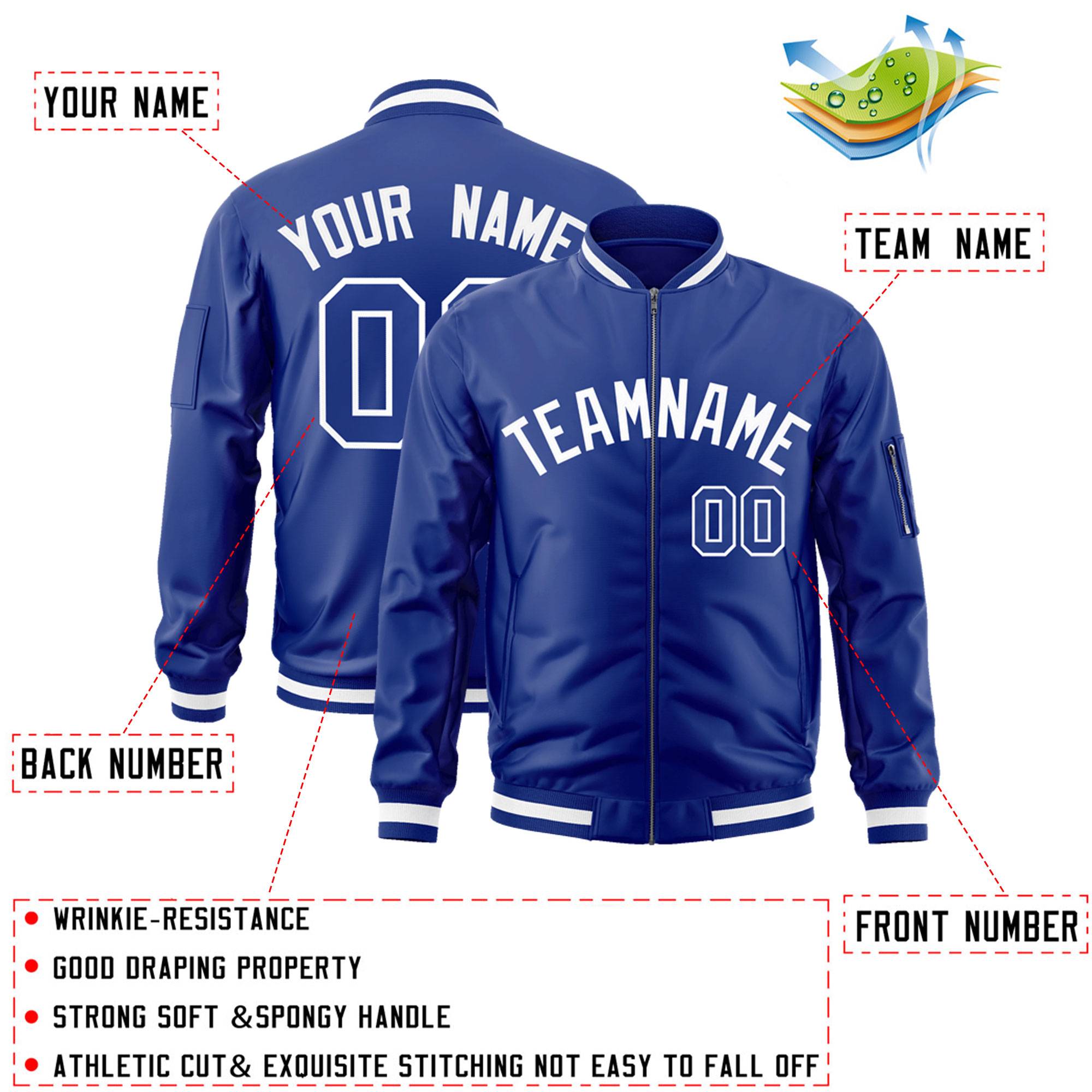 Custom Royal White Varsity Full-Zip Letterman Bomber Jacket