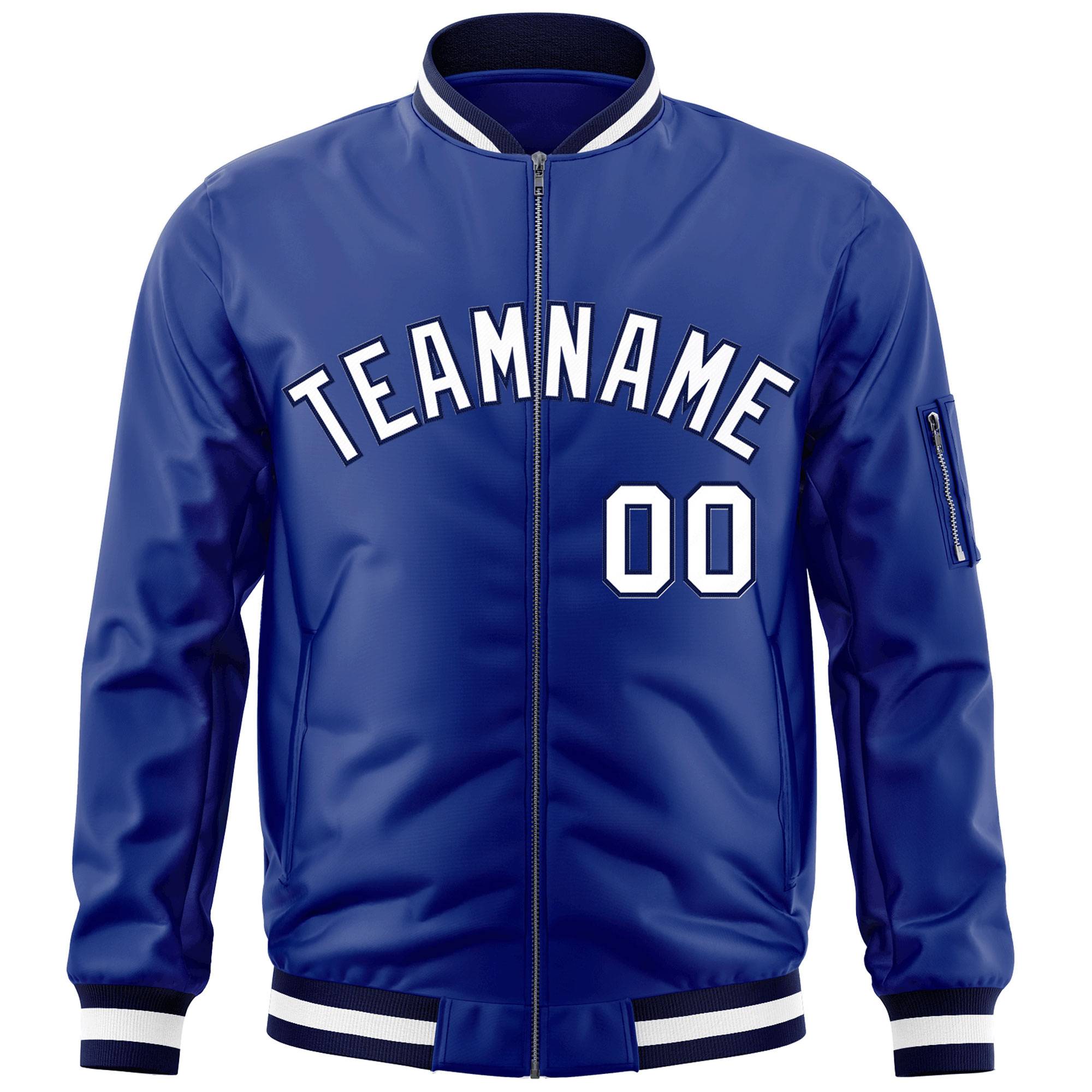 Custom Royal White-Navy Varsity Full-Zip Letterman Bomber Jacket