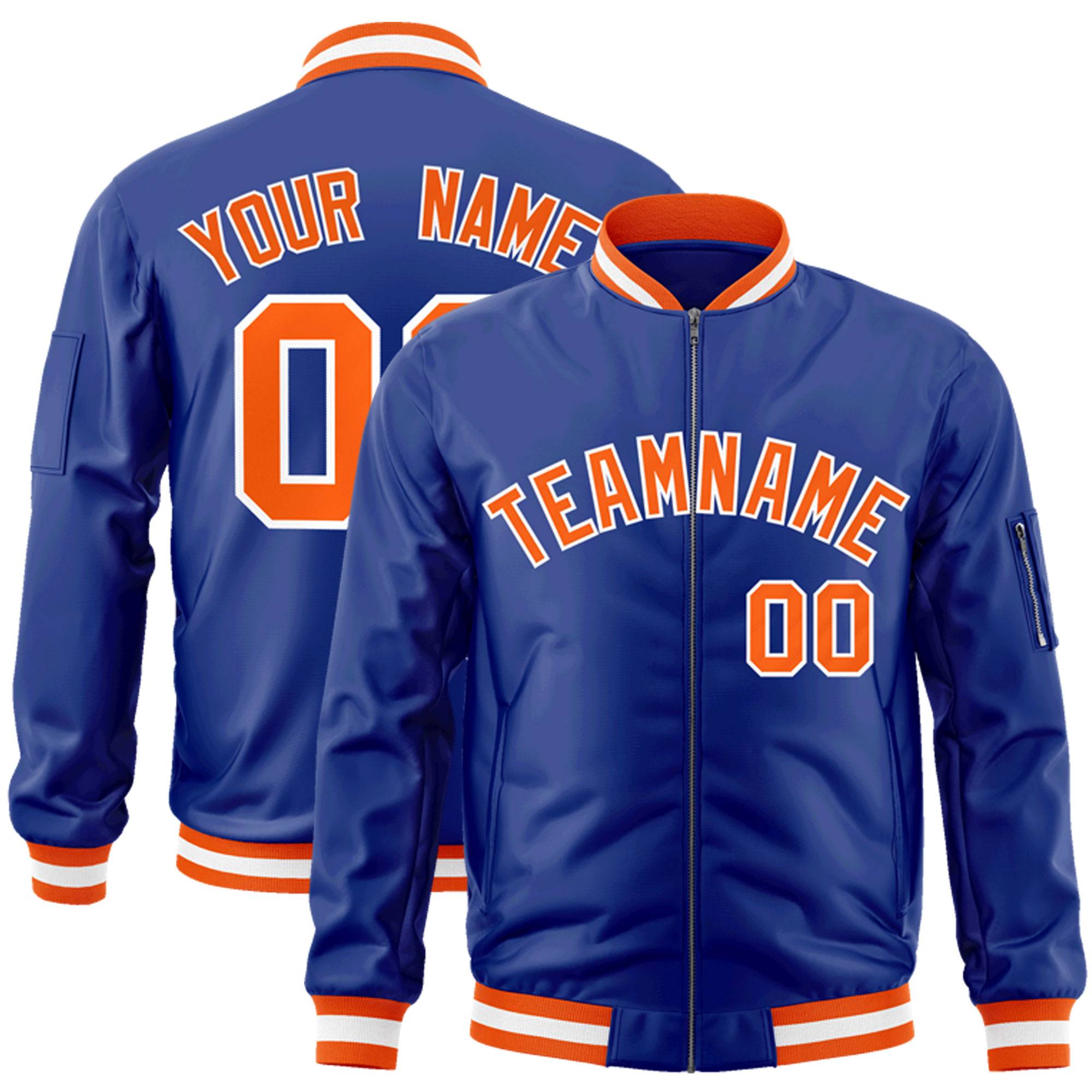 Custom Royal Orange-White Varsity Full-Zip Letterman Bomber Jacket