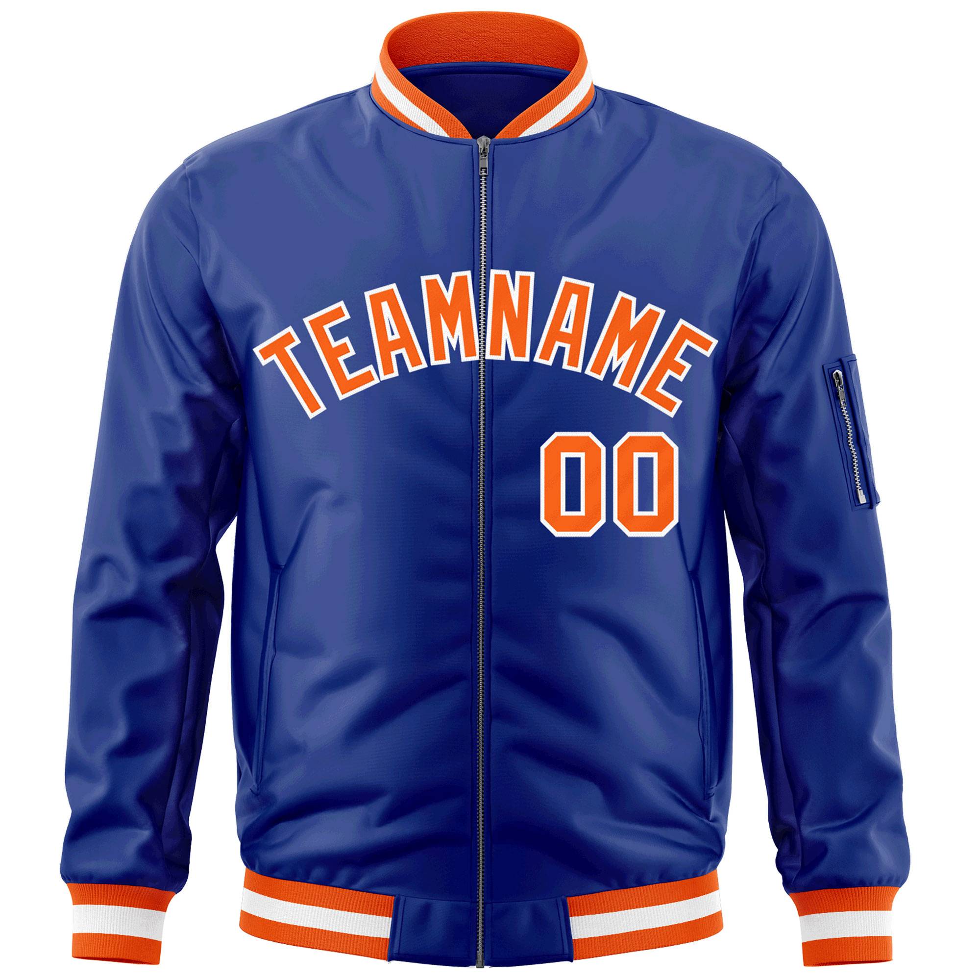 Custom Royal Orange-White Varsity Full-Zip Letterman Bomber Jacket