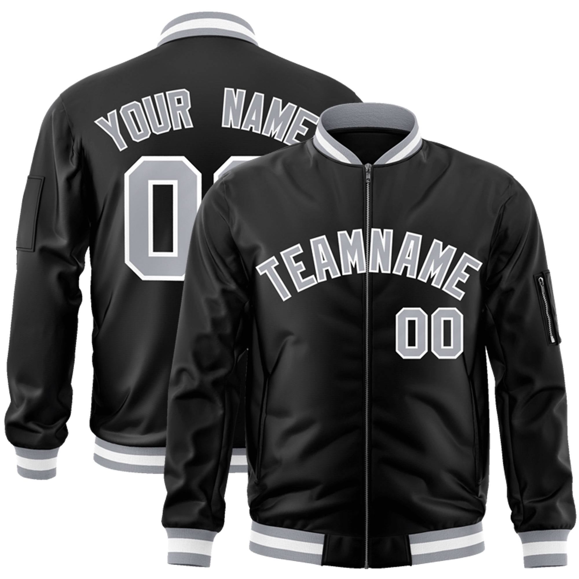 Custom Black Gray-White Varsity Full-Zip Letterman Bomber Jacket