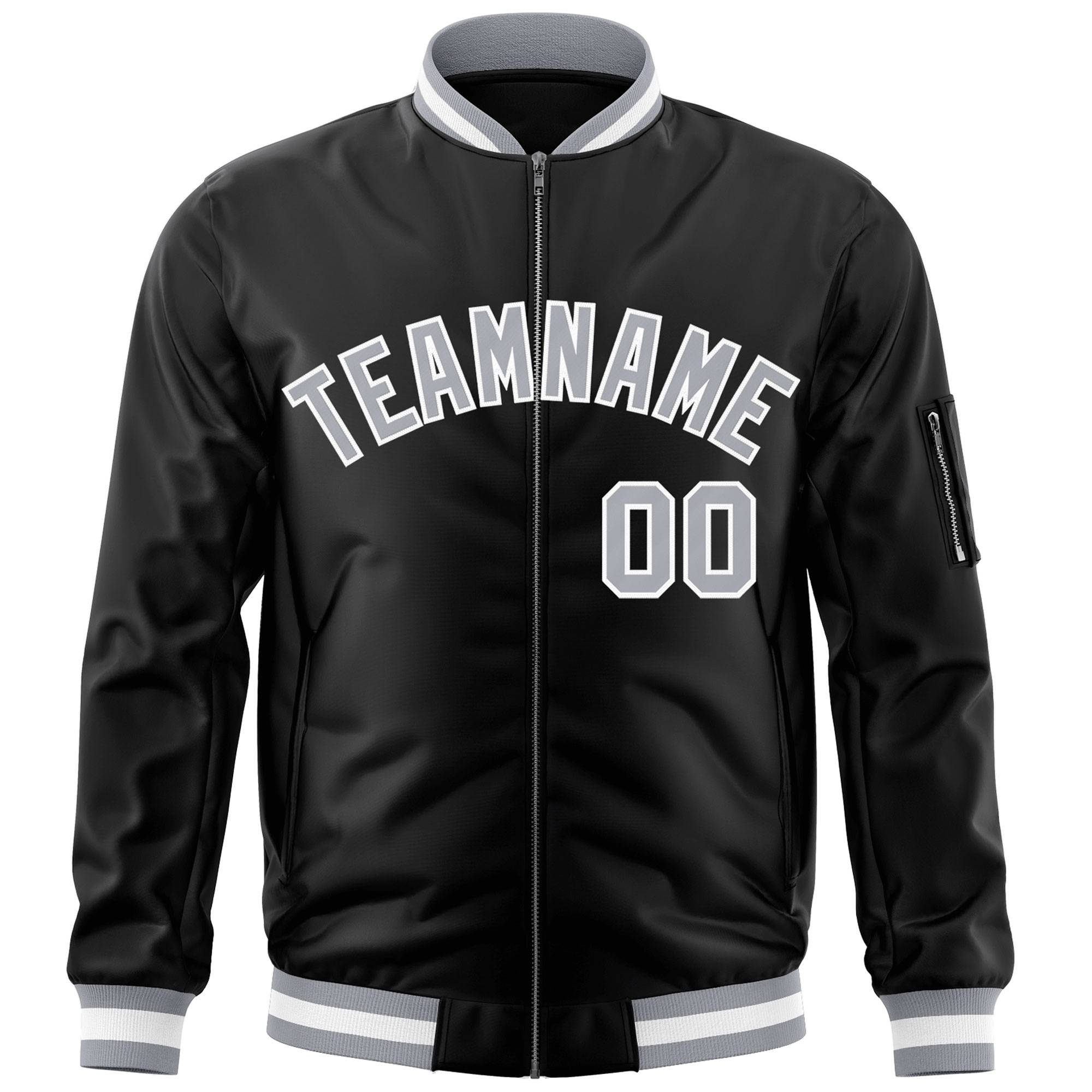 Custom Black Gray-White Varsity Full-Zip Letterman Bomber Jacket