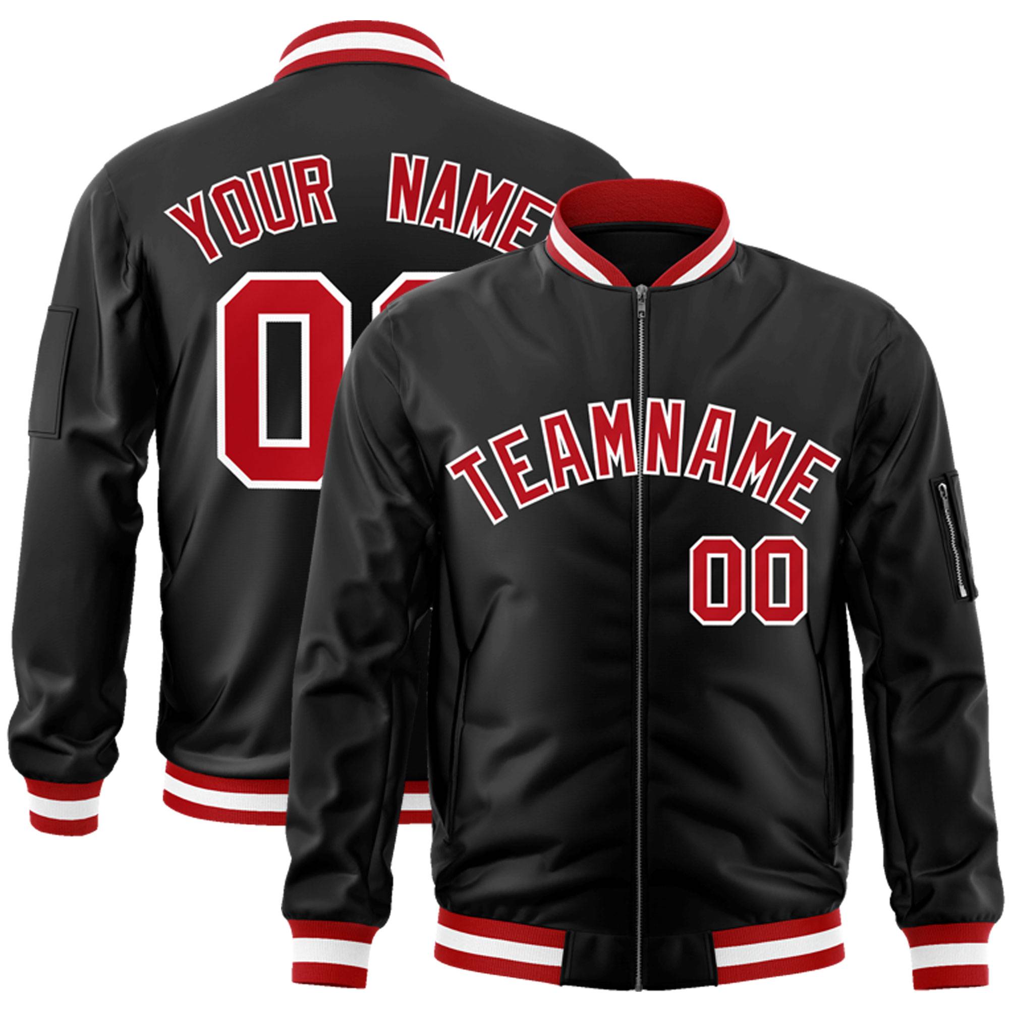 Custom Black Red-White Varsity Full-Zip Letterman Bomber Jacket