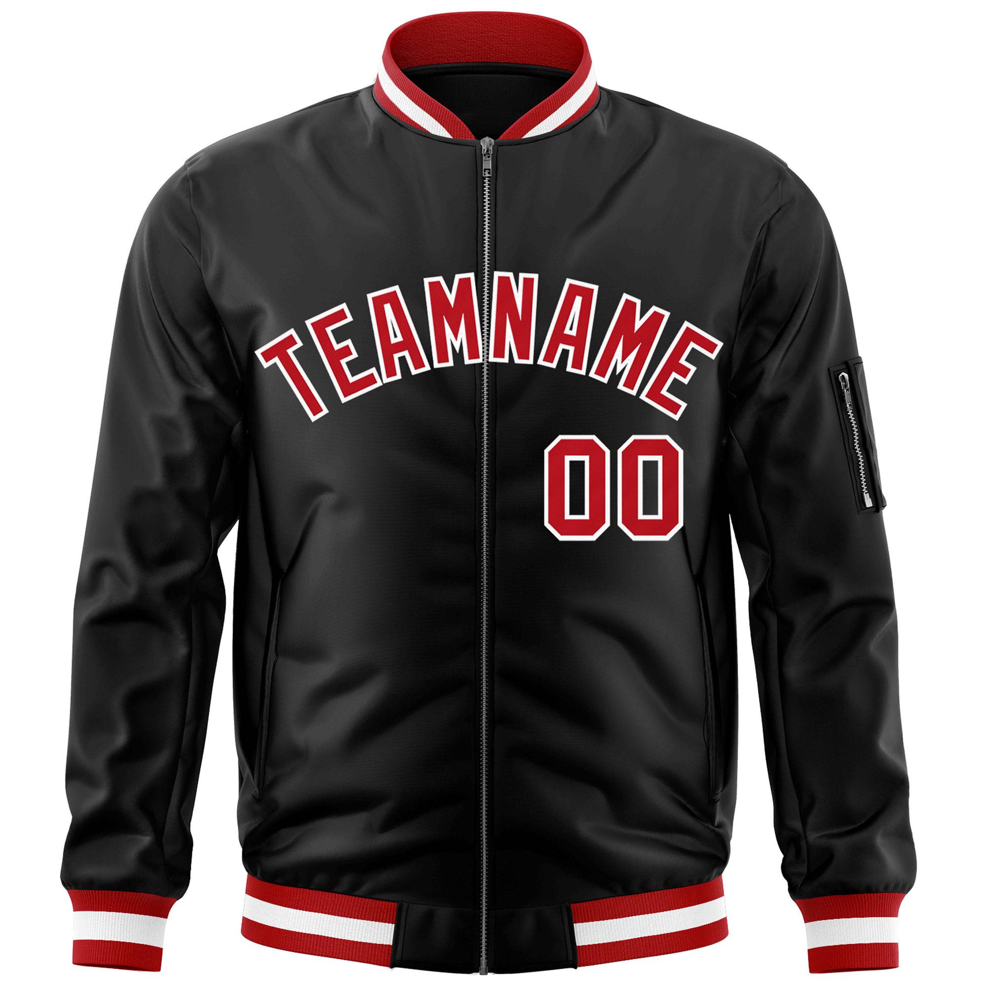 Custom Black Red-White Varsity Full-Zip Letterman Bomber Jacket