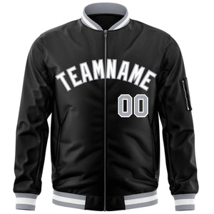 Custom Black White-Gray Varsity Full-Zip Letterman Bomber Jacket