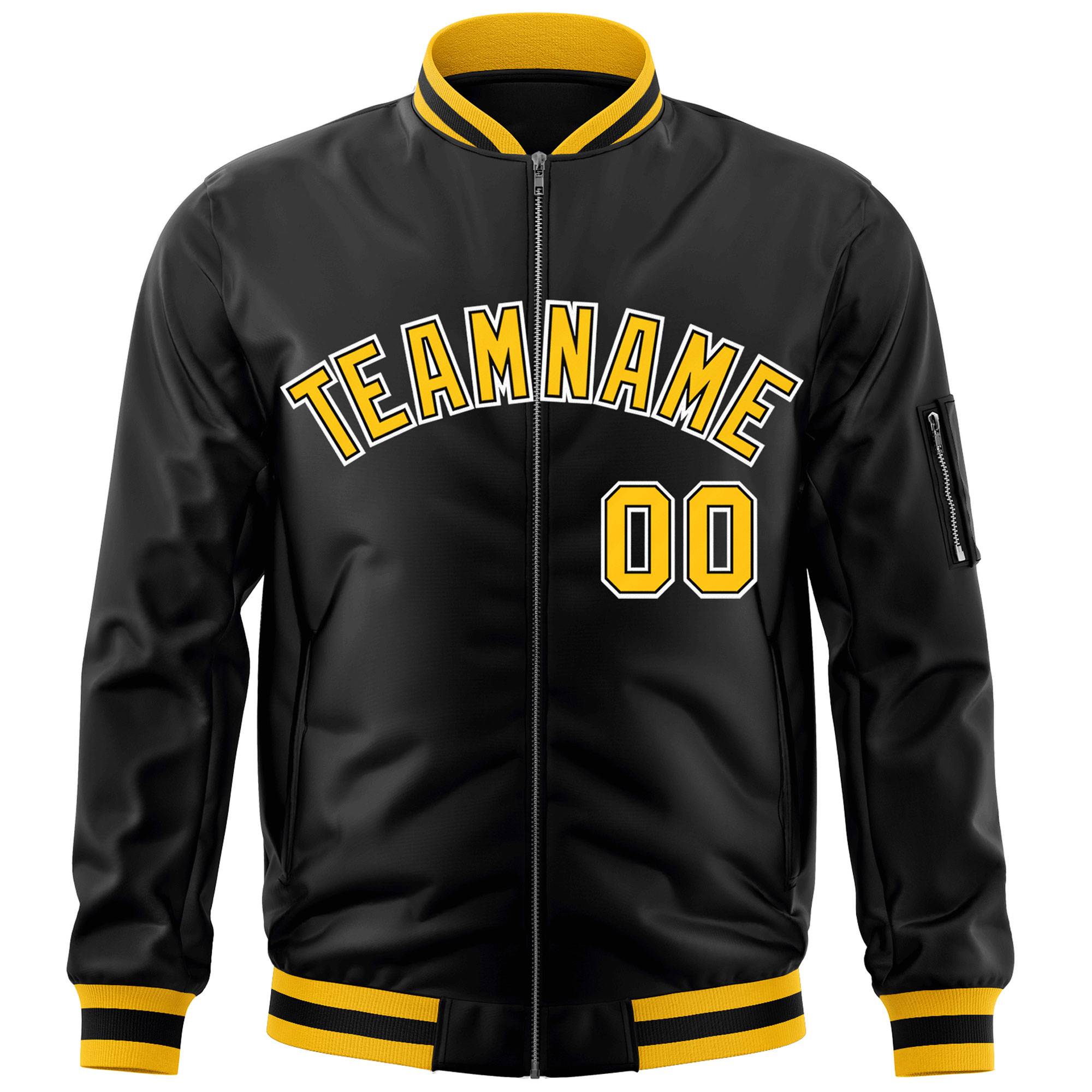 Custom Black Gold-White Varsity Full-Zip Letterman Bomber Jacket