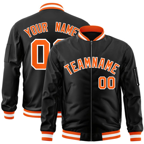 Custom Black Orange-White Varsity Full-Zip Letterman Bomber Jacket
